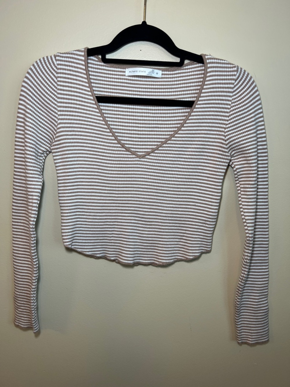 Altar’d State Ribbed Striped Crop Top Long Sleeve V-Neck Medium